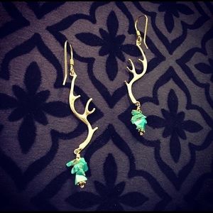 Turquoise Chip Gold Antler Earrings